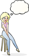 cartoon pretty girl on stool with thought bubble