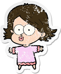distressed sticker of a cartoon girl pouting