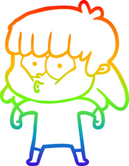 rainbow gradient line drawing of a cartoon whistling girl