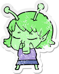 distressed sticker of a cute alien girl cartoon