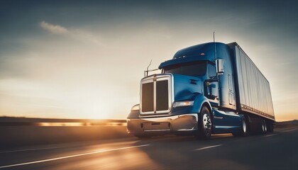 A sleek blue semi-truck speeds along a highway, blurred with motion, under a vibrant sunrise.