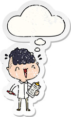 cartoon happy boy surprised with thought bubble as a distressed worn sticker