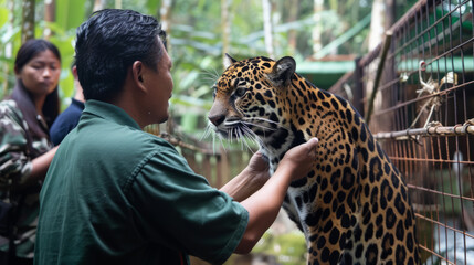 A caretaker provides enrichment for a leopard in captivity, emphasizing conservation and human-animal bonds