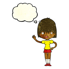 cartoon waving woman with thought bubble