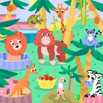 Children color scene with animals in zoo. Color Funny cartoon characters. Vector Illustration for book, design, posters, puzzle, games.