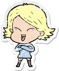 distressed sticker of a happy cartoon girl