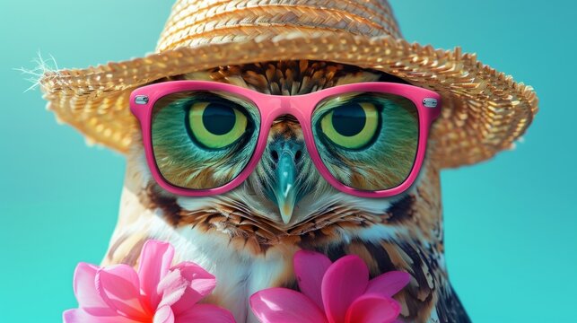 Owl close up with sunglasses and straw hat, it's time to rest and sunbathe. Crazy summer concept.