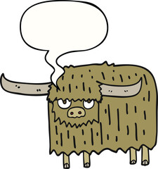 cartoon hairy cow with speech bubble