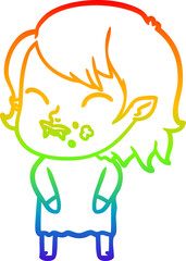 rainbow gradient line drawing of a cartoon vampire girl with blood on cheek