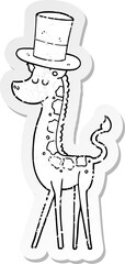 distressed sticker of a cartoon giraffe in top hat