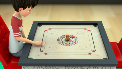 Boy playing carrom board 3d illustration - obrazy, fototapety, plakaty