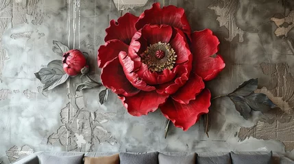 Poster Red decorative volumetric peony flower on the background of a decorative wall. © MiaStendal