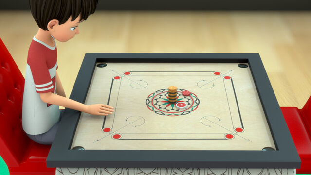 Boy playing carrom board 3d illustration