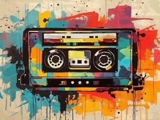 Art painting, music cassette in the style of pop art. Abstract retro background 