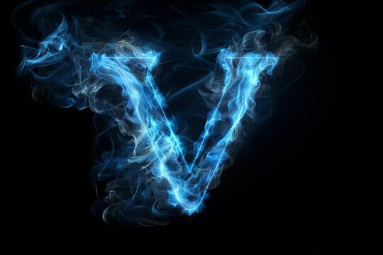 V letter formed by neon blue steam on black background, 3D render