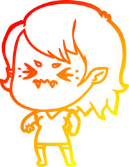 warm gradient line drawing of a annoyed cartoon vampire girl