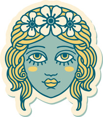 sticker of tattoo in traditional style of female face with crown of flowers