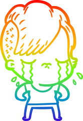 rainbow gradient line drawing of a cartoon crying girl