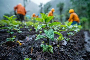 Energetic group planting trees in previously cleared land, mix of saplings and mature trees in the background, embodying restoration and optimism.