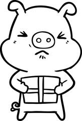 cartoon angry pig with christmas present