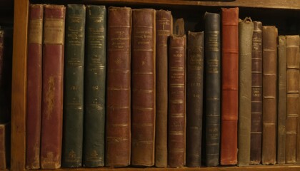 A detailed close-up of vintage hardcover books stacked on a shelf, showcasing worn spines and titles from bygone days