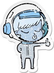 distressed sticker of a cartoon pretty astronaut girl giving thumbs up