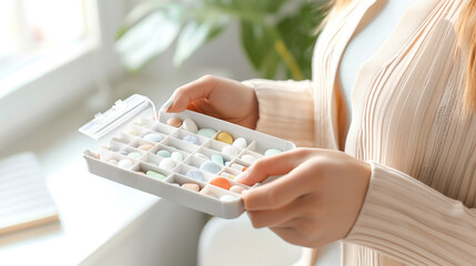 Wellness routine, a woman organizing a weekly pill organizer, emphasizing a routine for health - obrazy, fototapety, plakaty