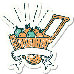 worn old sticker of a tattoo style wagon of apples