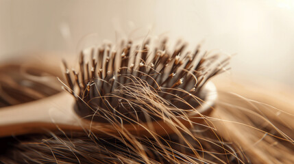A close-up of a woman's hairbrush with broken strands, symbolizing hair damage - obrazy, fototapety, plakaty