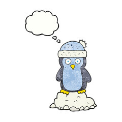 freehand drawn thought bubble textured cartoon penguin wearing hat