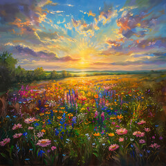 Sunset cascading over a wildflower meadow, executed in an impressionist style, dynamic sky reflects the sun with warm oranges and cool blues