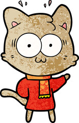 cartoon surprised cat wearing warm winter clothes