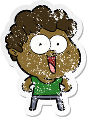 distressed sticker of a cartoon happy man