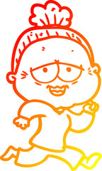 warm gradient line drawing of a cartoon happy old lady