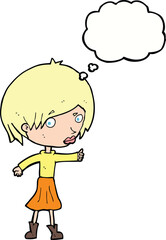 cartoon woman raising eyebrow with thought bubble