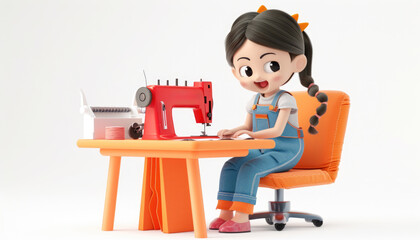 A girl is sitting at a sewing machine by AI generated image