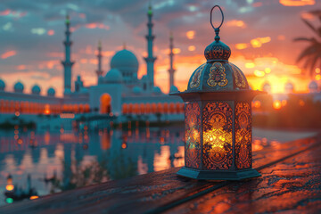 A lantern glowing with warm light, casting long shadows on the ground in front of an Islamic mosque at sunset. Created with Ai - obrazy, fototapety, plakaty