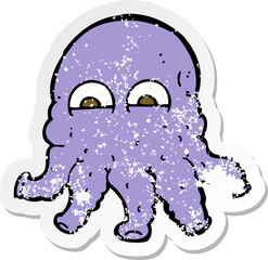 retro distressed sticker of a cartoon alien squid face