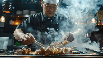 Japanese Chef is grilling chicken with smoke - Ai Generated - obrazy, fototapety, plakaty