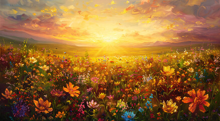 Sunset cascading over a wildflower meadow, executed in an impressionist style, dynamic sky reflects the sun with warm oranges and cool blues - obrazy, fototapety, plakaty