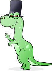 freehand drawn cartoon dinosaur wearing top hat