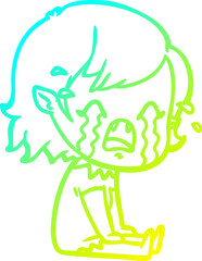 cold gradient line drawing of a cartoon crying vampire girl