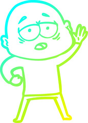 cold gradient line drawing of a cartoon tired bald man