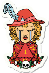 sticker of a crying human bard with natural one D20 dice roll