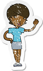 retro distressed sticker of a cartoon woman waving
