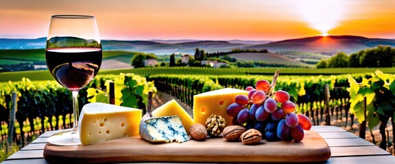 Beautiful green vineyard in Provence and a glass of red wine with a cheese plate, walnuts and translucent red grapes on a wooden surface at sunset landscape - Powered by Adobe
