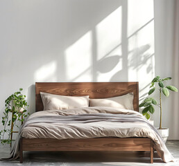 Template of minimalist eco bedroom design with walnut wood bed and plants. Interior mockup with clean walls for pictures, posters, paintings, sculptures, and other wall art.