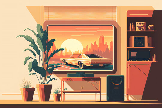Retro interior tv screen car on sunset urban road