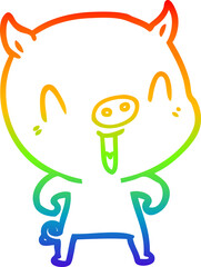 rainbow gradient line drawing of a happy cartoon pig