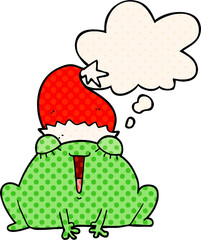 cute cartoon christmas frog with thought bubble in comic book style